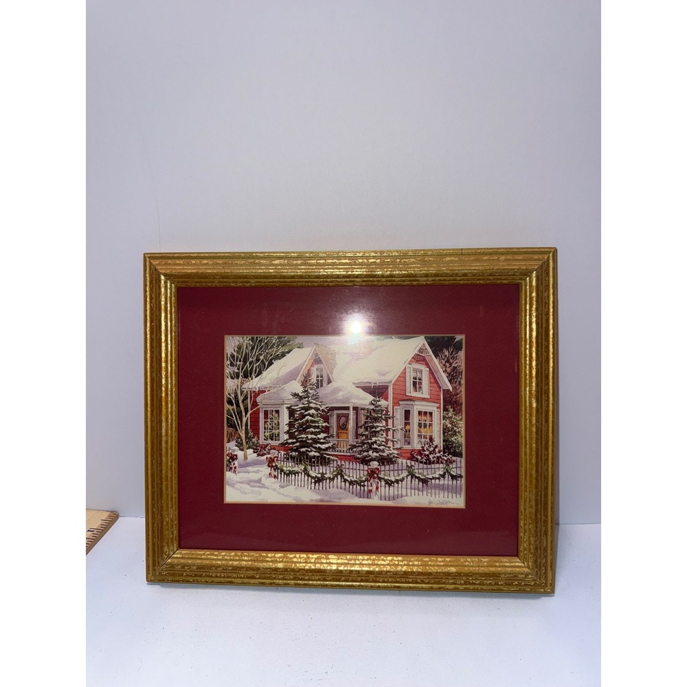 Winter Red Farmhouse Christmas Art Print Gold Ornate Frame Burgundy Mat 13x11